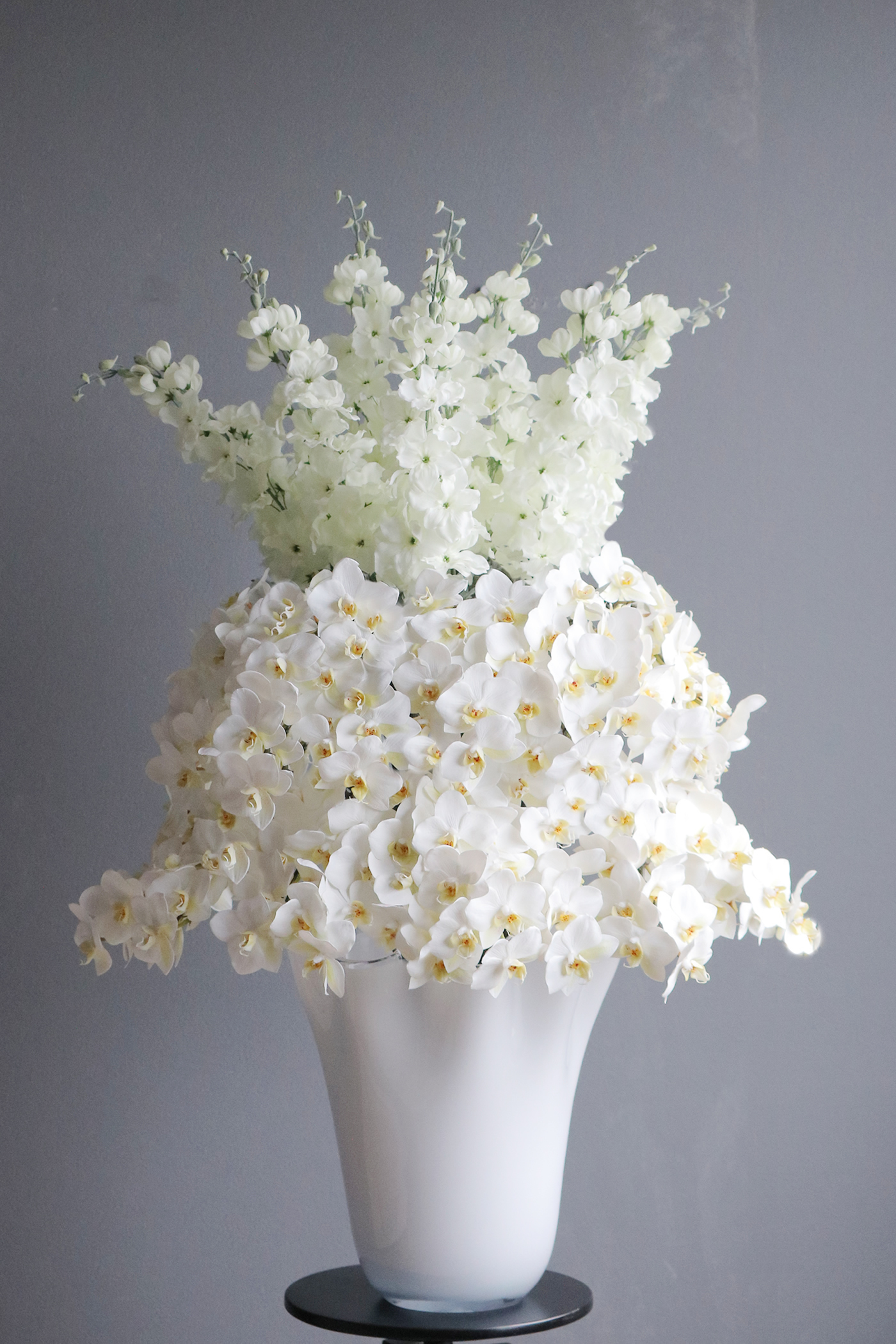 【三方見スタイル】ホワイト胡蝶蘭 × デルフィニウム 特大ベース＜花器白・黒選択可＞ 造花 アートフラワー Akanbi