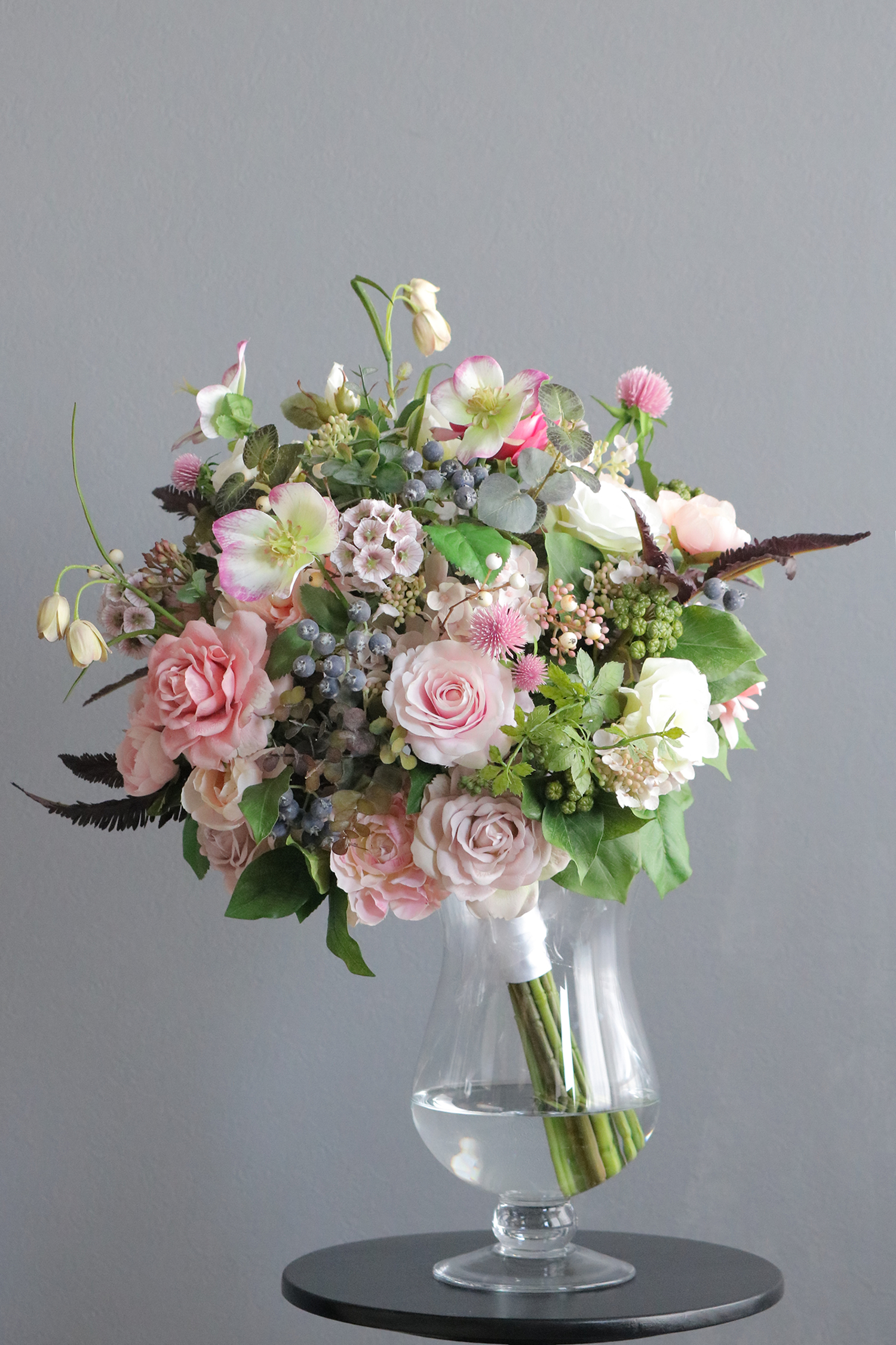 パステルピンクローズ×スカビオサ　ダルトンガラスベース 造花 アートフラワー Akanbi